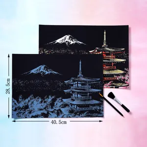 Night landscape scratch art set with Mt. Fuji and pagoda, 40.5x28.5cm DIY craft kit