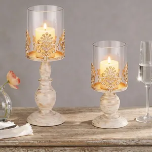 European Vintage Iron Hollow Candle Holder With Glass Cover Retro Distressed Metal Table Centerpiece For Romantic Wedding Banquet Home Decor