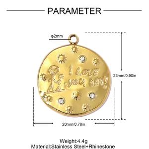 Detailed parameter view of gold stainless steel Love You Dad pendant with rhinestones