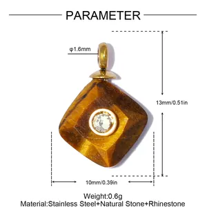 Detail van geometrische tijgeroogsteen hanger met afmetingen en materiaalinformatie