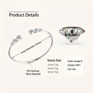 Detail view of 925 sterling silver bangle with 55mm inner diameter and D color Moissanite.