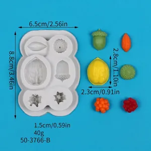 Detail view of various nut-shaped silicone mold showing specific dimensions and weight