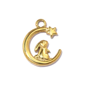 Detailed view of a gold-plated stainless steel crescent moon and rabbit pendant charm