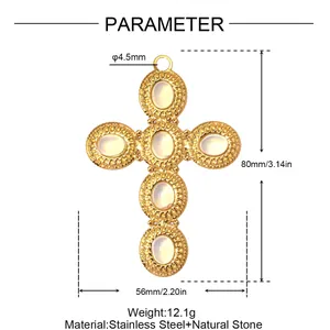 Dimensioni del grande ciondolo a croce in acciaio e pietre naturali (80mm x 56mm)