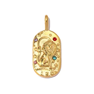 Detailed view of vintage gold stainless steel Leo zodiac oval pendant with colorful crystals