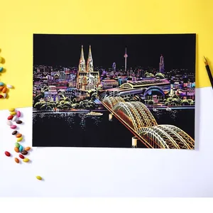 Colorful city night scene scratch art paper kit with DIY landscape drawing tool set