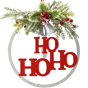 Festive Christmas HO HO HO iron wreath with LED lights for door and wall decoration