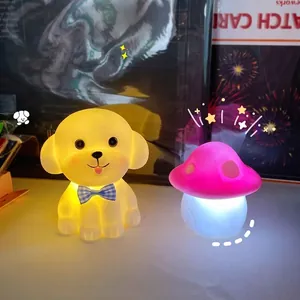 Adorable puppy and mushroom battery-operated night lights for warm bedroom bedside atmosphere.