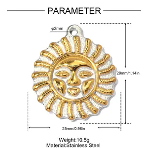 Detail view of two-tone stainless steel sun face pendant showing dimensions and weight