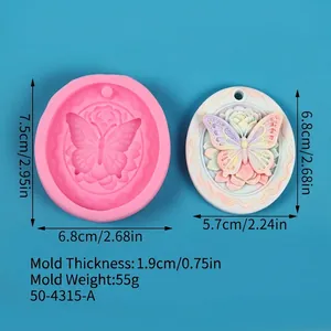 Detailed view of butterfly and flower silicone mold with precise dimensions and weight info