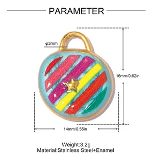 Detail view showing measurements and weight for colorful enamel stainless steel pendant