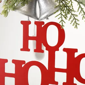 Lighted red HO HO HO Christmas hanging ornament with silver bells and greenery