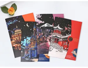 A3 laser scratch art drawing paper set with four detailed city night landscapes