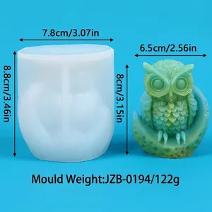 Detailed view of owl candle silicone mold with dimensions and finished wax owl model