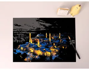 Detail of Hagia Sophia Istanbul laser scratch painting with scratching pen on desk
