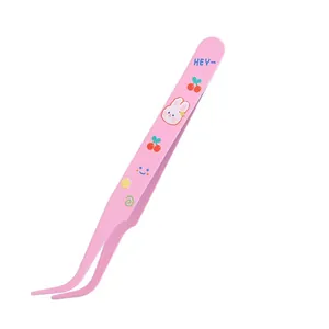 Cute pink stainless steel curved tweezers with cartoon rabbit and cherry patterns for DIY