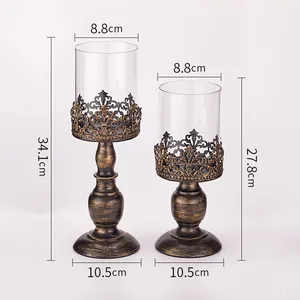 Retro European iron candle holders with glass hurricane shades and precise dimensions