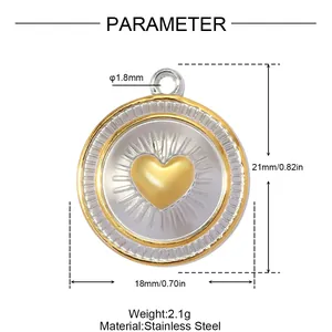 Dimensional specifications of a two-tone stainless steel heart sunburst pendant jewelry.