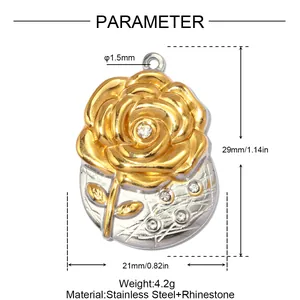 Detail view of dual-tone stainless steel rose pendant with size and weight parameters