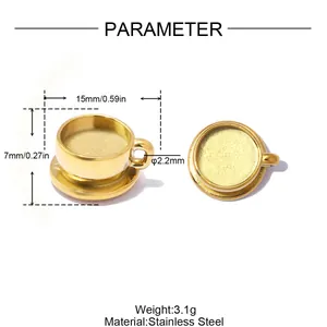 Detail view showing dimensions of a gold-plated stainless steel coffee cup pendant.