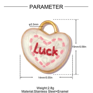 Close-up of heart-shaped stainless steel pendant with Luck text and dimensions