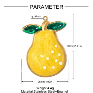 Technical diagram showing 36mm height and 26mm width of yellow enamel pear pendant charm