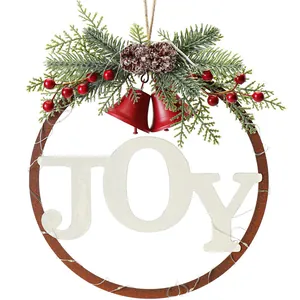 Festive Christmas JOY metal hanging wreath with LED lights and red berry accents