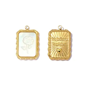 Close-up of double-sided rose shell and engraved Together stainless steel pendant
