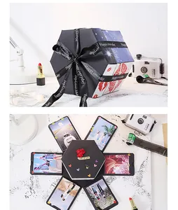 Caja de regalo de explosión hexagonal hecha a mano álbum de fotos DIY con rosas y cinta