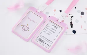Close-up of pink cartoon card holder showing internal insert card and lanyard clip