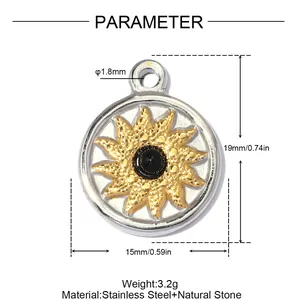 Detailed view of bicolor stainless steel sunflower pendant featuring measurements and materials