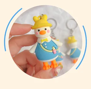 Close-up detail of a cute cartoon duck keychain wearing a yellow hat and a blue outfit.