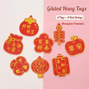 Set of 8 red and gold festive Chinese New Year hanging gift tags with red strings.