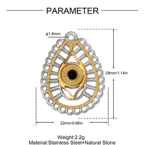 Close-up of stainless steel teardrop eye pendant with detailed dimensions and material info