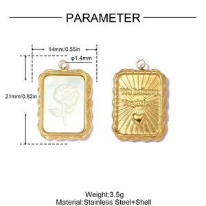 Detailed dimensions of rose shell stainless steel pendant with weight and material info