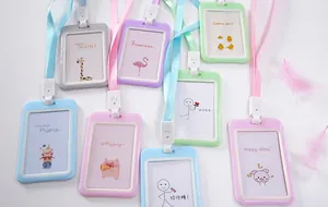 Detailed view of colorful cartoon ID card holders with matching lanyards.