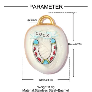 Technical drawing of horseshoe luck charm pendant in stainless steel and enamel