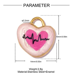 Detailed dimensions and weight of pink heart stainless steel pendant with enamel