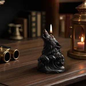 Exquisite black howling wolf and ocean wave decorative scented candle for artistic home decor