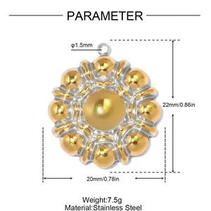Detailed size diagram of two-tone stainless steel sun flower jewelry pendant