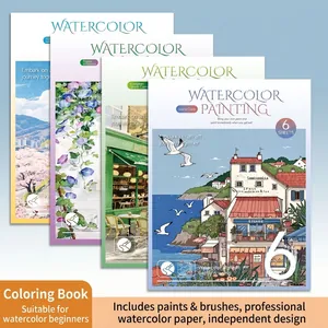 Portable DIY watercolor coloring book set for adults and kids with built-in pigments
