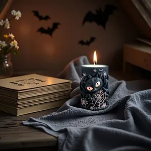 Handgemaakte DIY 3D zwarte kat en spinnenweb geurkaars voor creatieve Halloween decoratie