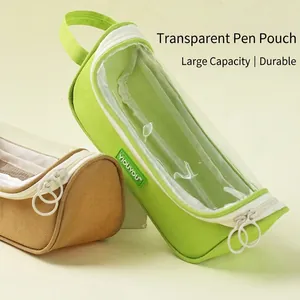 Large capacity transparent pencil case with handle for student stationery storage.
