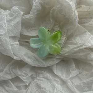 Dettaglio di un fermaglio per capelli a forma di plumeria sfumata su sfondo bianco