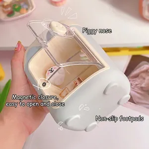 Cute pig-shaped stationery organizer with magnetic transparent lid for desk storage