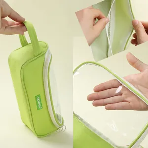 Large capacity transparent green pencil bag with carry handle and panoramic window design