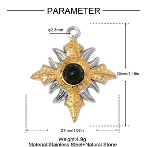 Detail showing dimensions of two-tone sun cross stainless steel pendant with stone