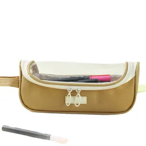 Large capacity brown canvas pencil case with transparent panoramic window and handle.