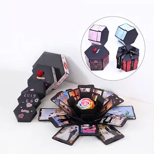 DIY Hexagone Boîte à Explosion Surprise Boîte Cadeau Fait Main Album Photo Multi Couches Pour Anniversaire Saint Valentin Anniversaire Célébration Noir Papier Cartonné Boîte