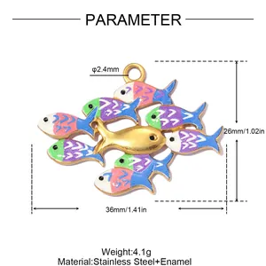 Detailed dimensions and material specs for the stainless steel enamel fish charms cluster.